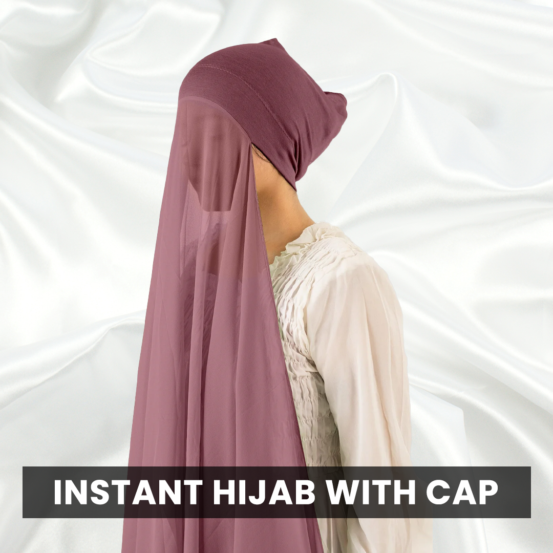 girl wearing georgette instant hijab with attached inner cap / tube cap.