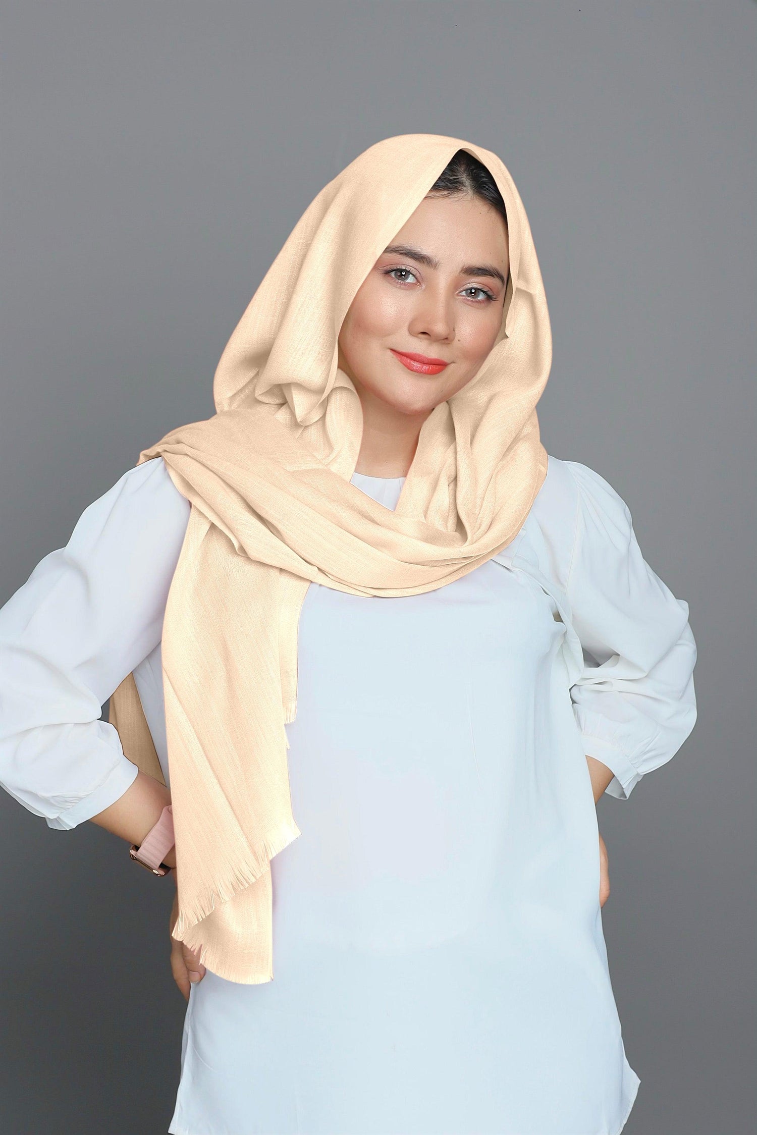 Turkish Viscose Hijab in elegant Cream shade, showcasing its soft fabric and luxurious feel. Cream Shade Turkish Hijab.