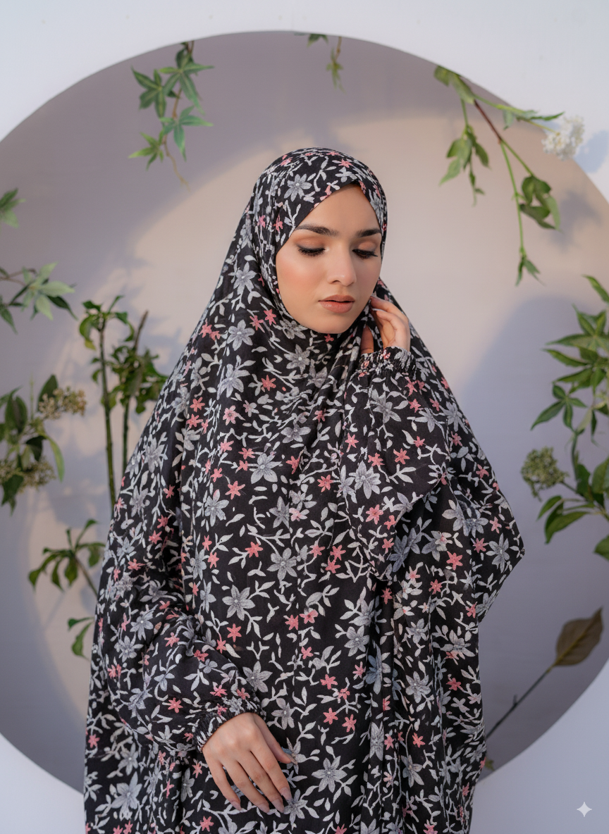 Namaz Chadar in Floral Black