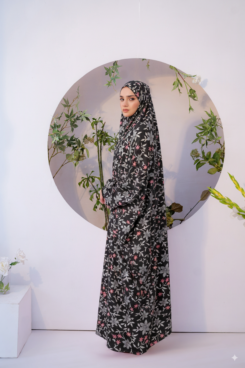 Namaz Chadar in Floral Black