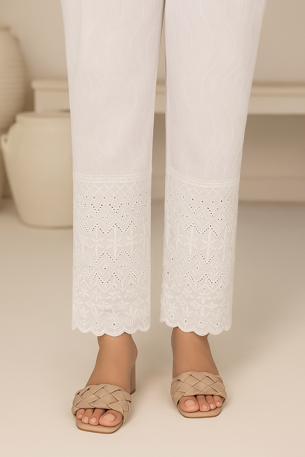 Stitched White Chicken Kari Trouser - Tulip