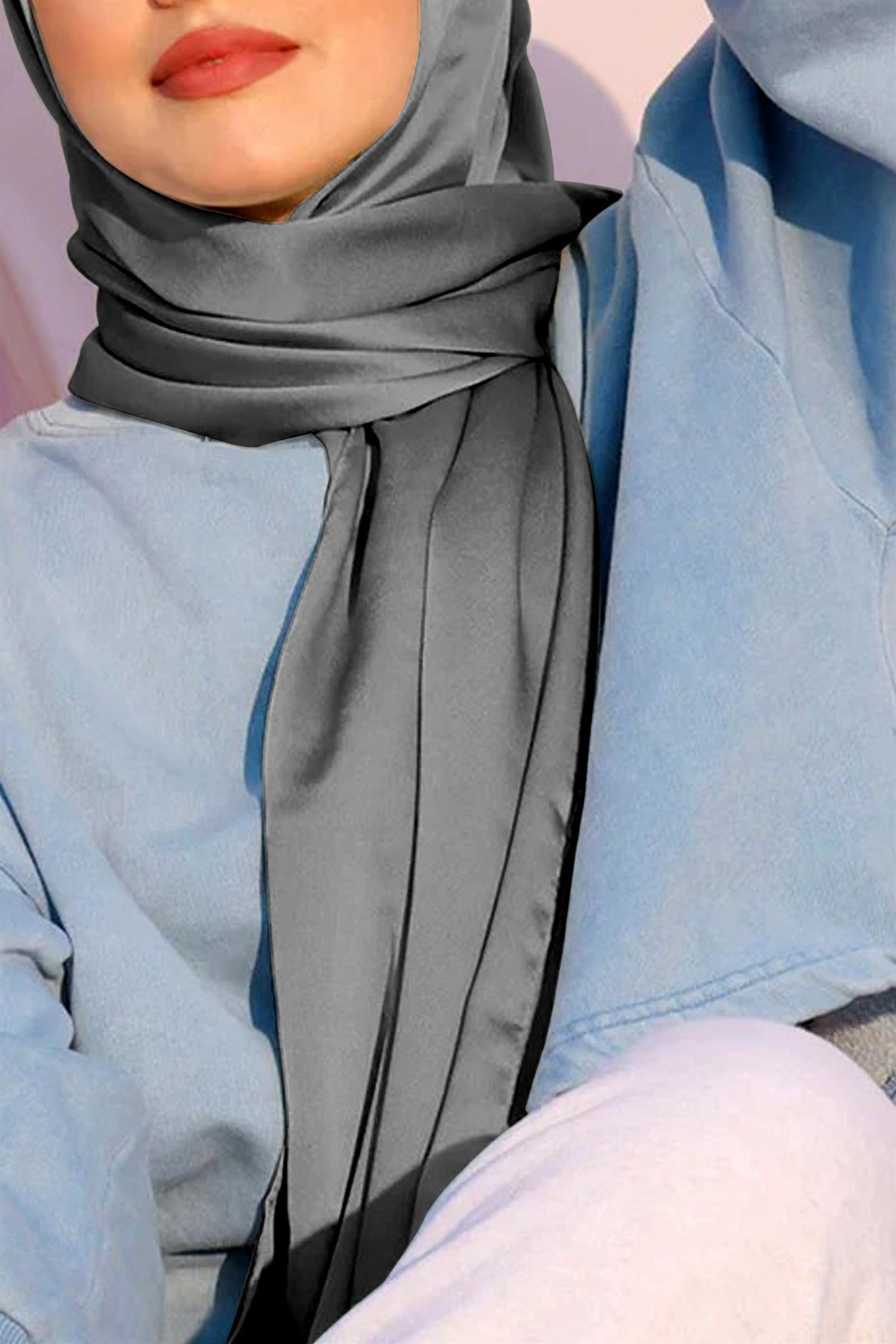 Pure Satin Silk Hijab in Denim Grey