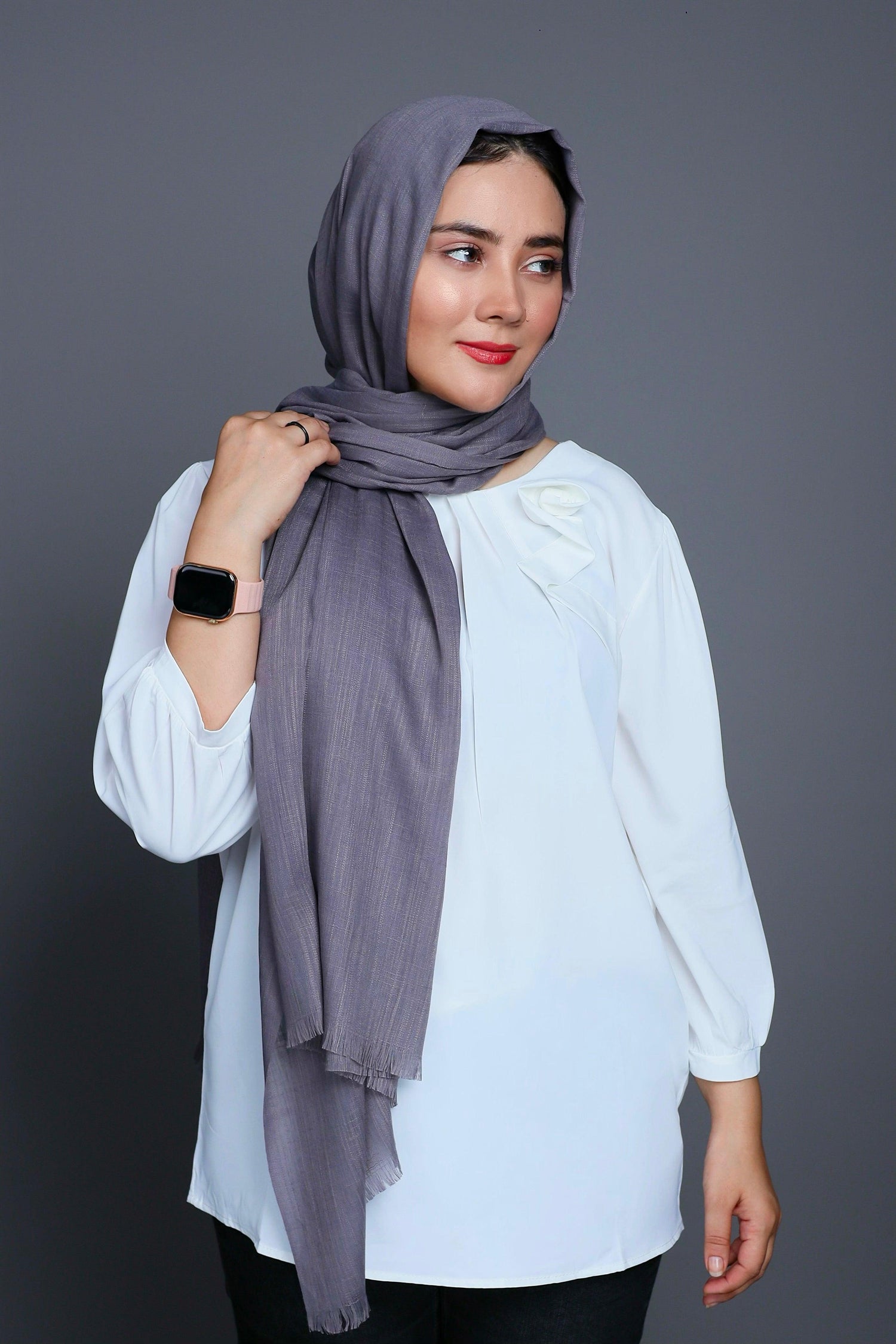 Turkish Viscose Hijab in a rich Charcoal color, showcasing its luxurious fabric and elegant design. Charcoal Turkish Hijab.