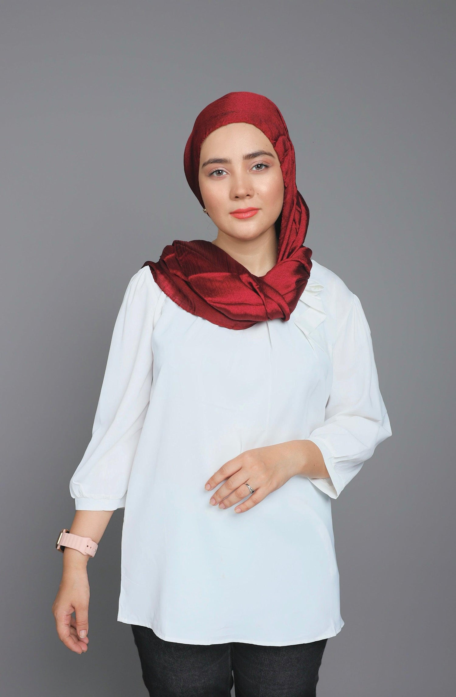 Metallic Chiffon Hijab in Maroon. woman draping in Luxurious chiffon wrap.