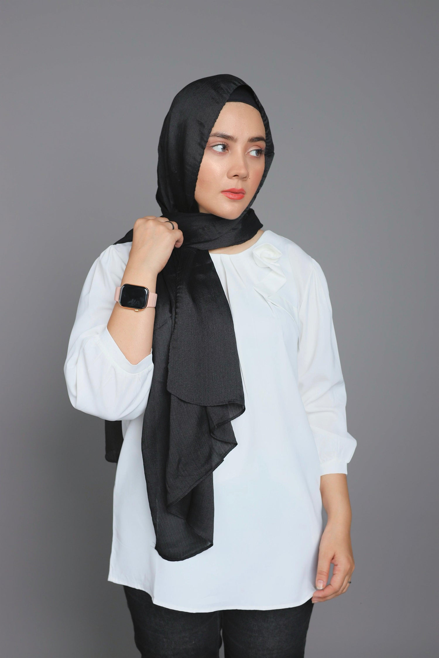 Modern Hijabi wearing Metallic Chiffon Hijab in Black Diamond.