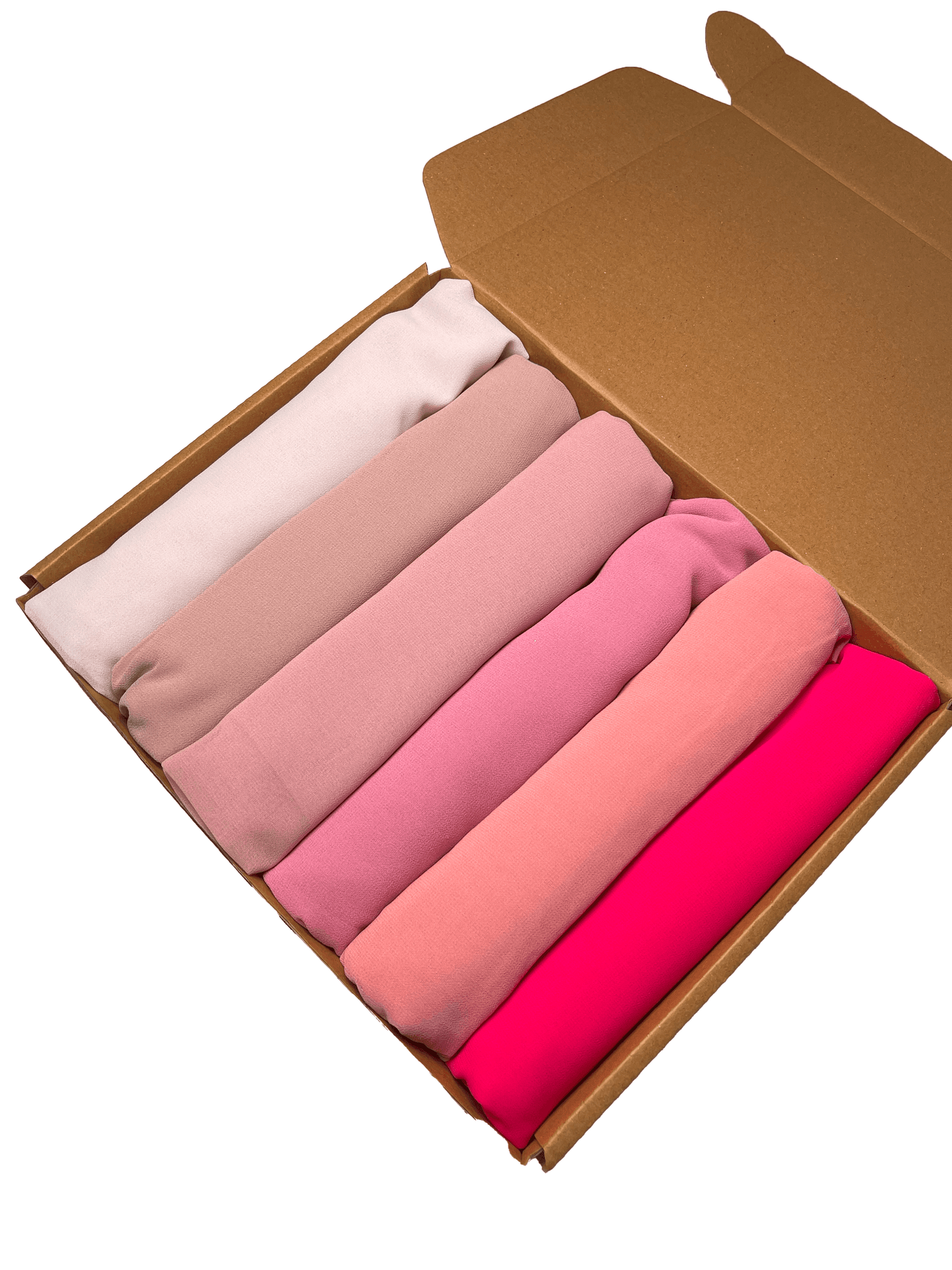 A beautiful Hijab Gift Box Featuring 6 Georgette Scarves in pink plum shades.