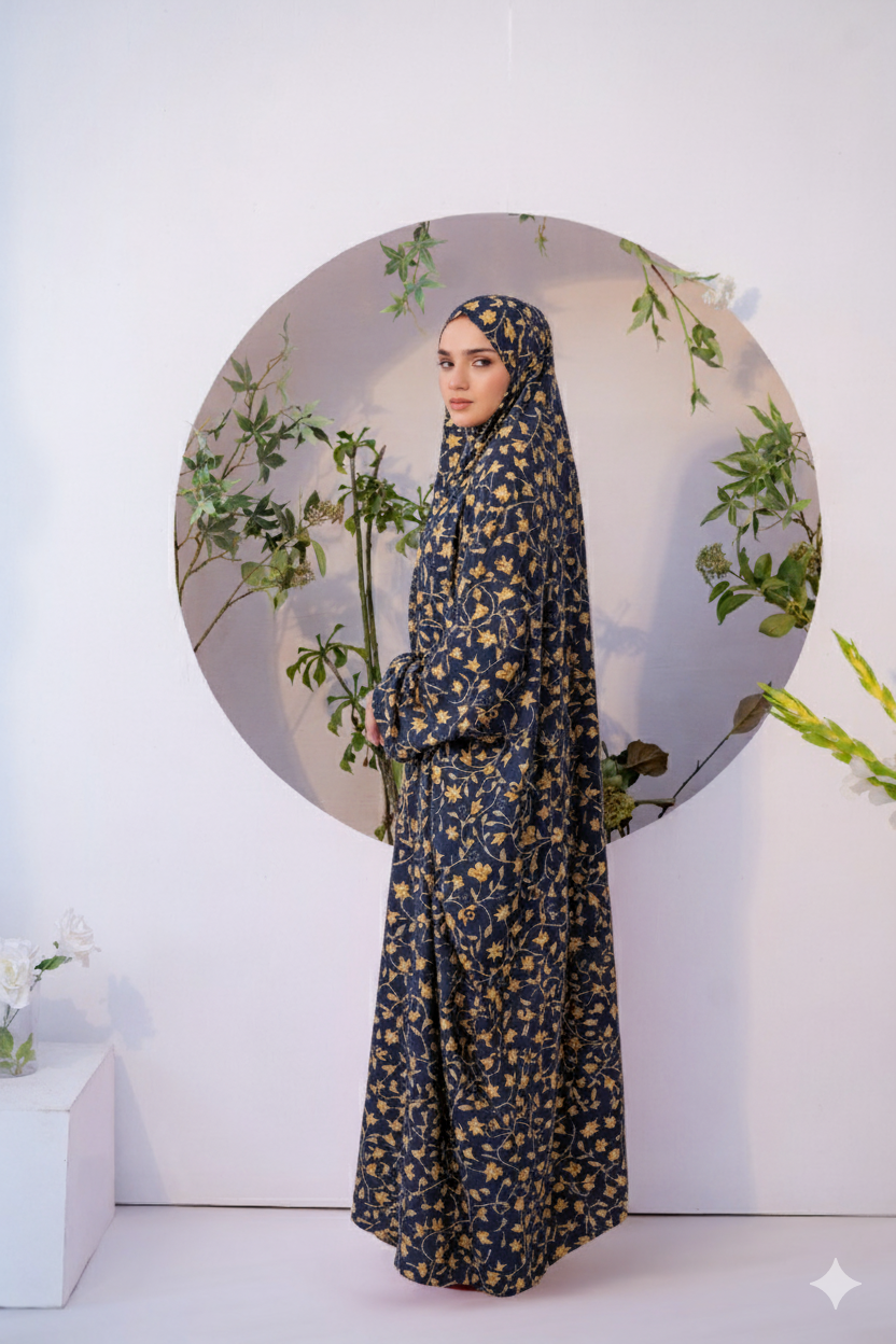 Namaz Chadar in Floral Navy Blue