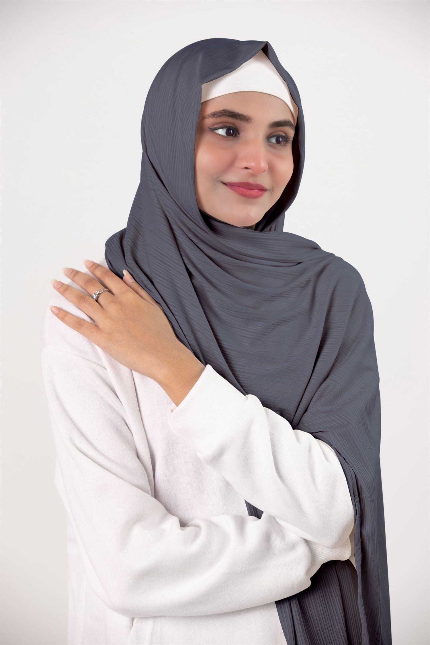 Ribbed Jersey Hijab in Elegant Denim Grey draping beautifully on a modern hijabi.