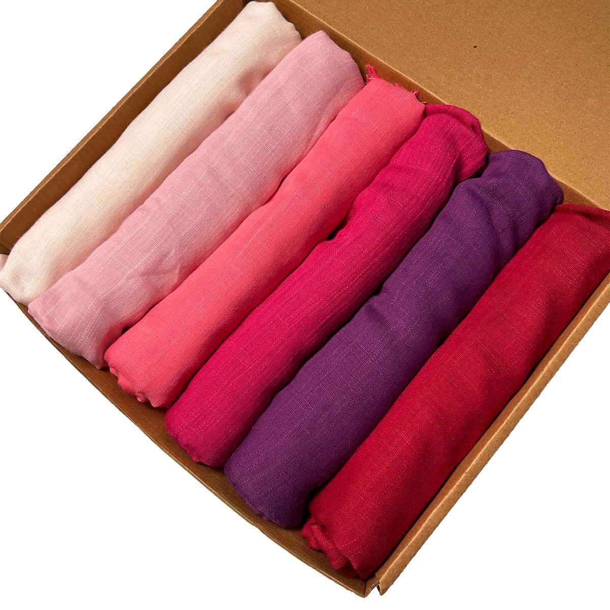 Womens Scarf in Gift Box. A HIjabs Box having 6 Turkish Viscose Hijabs and scarves in Rose Shades.