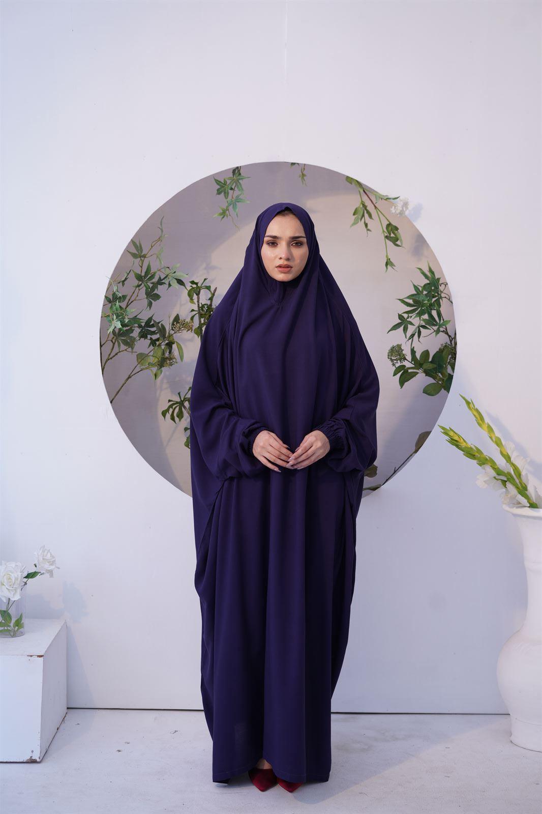 Girl wearing Namaz Chadar in navy blue, Premium quality Prayer dress.