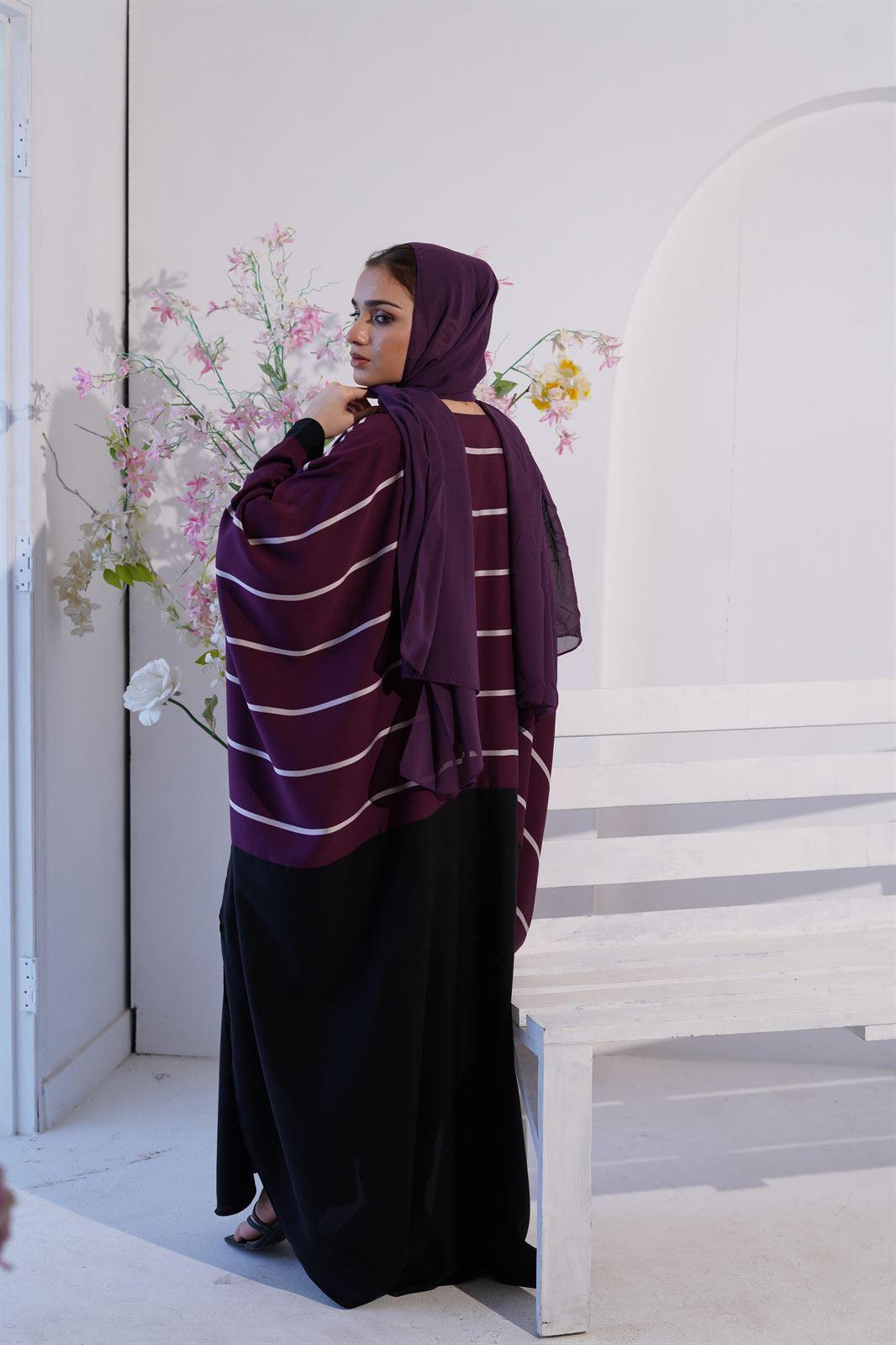 Zoom line jilbab abaya for women in eggplant color. back view of girl wearing it.