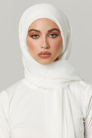 Crinkle Viscose Hijab in Pure white. Girl styling in Soft & Easy to Care Viscose.