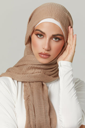 Crinkle Viscose Hijab in Beige. Girl styling in Soft & Easy to Care Viscose.