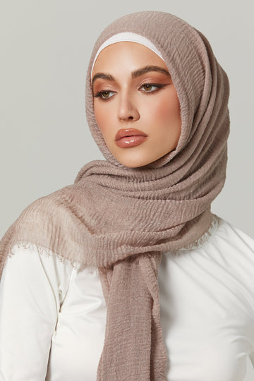 Crinkle Viscose Hijab in Taupe. Girl styling in Soft & Easy to Care Viscose.