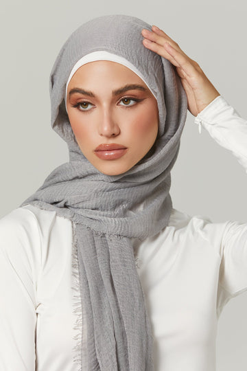 Crinkle Viscose Hijab in Light Smoke. Girl styling in Soft & Easy to Care Viscose.