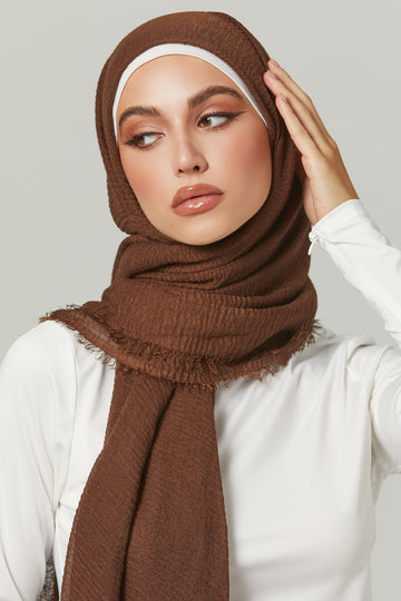 Crinkle Viscose Hijab in Coffee. Girl styling in Soft & Easy to Care Viscose.