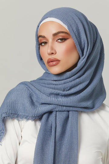 Crinkle Viscose Hijab in Space Blue. Girl styling in Soft & Easy to Care Viscose.