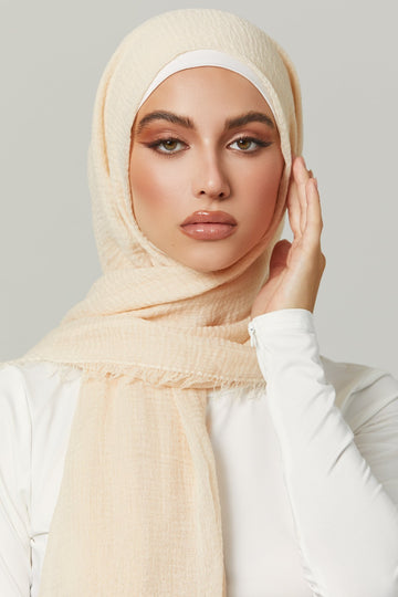 Crinkle Viscose Hijab in cream. Girl styling in Soft & Easy to Care Viscose.