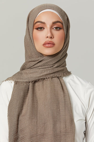 Crinkle Viscose Hijab in Khaki grey. Girl styling in Soft & Easy to Care Viscose.