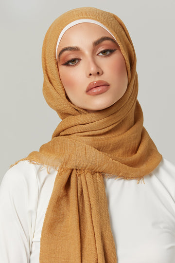 Crinkle Viscose Hijab in Golden Brown. Girl styling in Soft & Easy to Care Viscose.