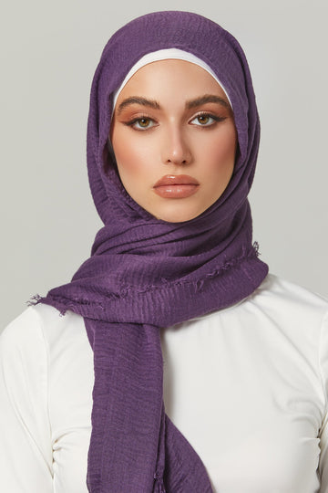 Crinkle Viscose Hijab in Purple. Girl styling in Soft & Easy to Care Viscose.