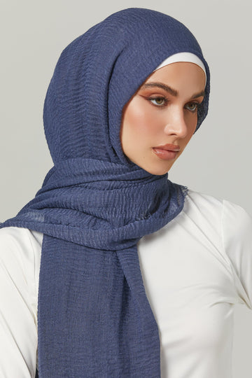 Crinkle Viscose Hijab in Denim Blue. Girl styling in Soft & Easy to Care Viscose.