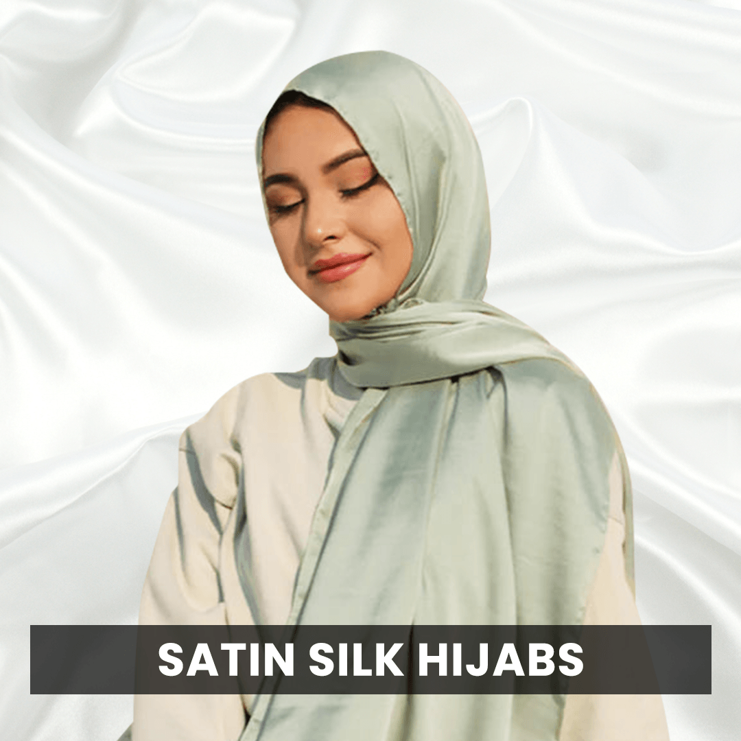 Satin Silk Hijabs Available in multiple colors. Woman wearing seamless silk hijab.