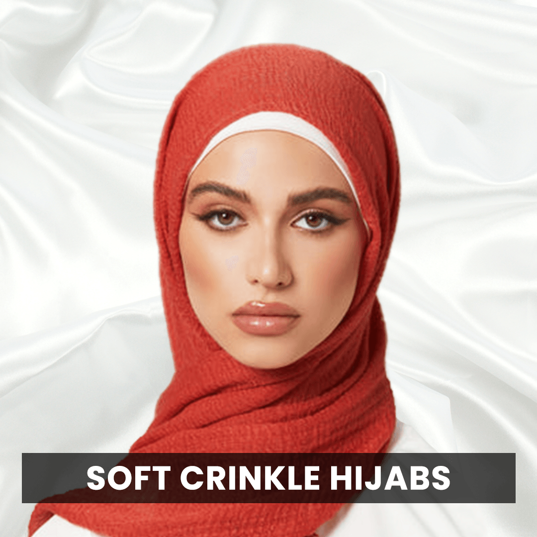 Girl wearing Soft crinkle hijab, viscose fabric material, front view.