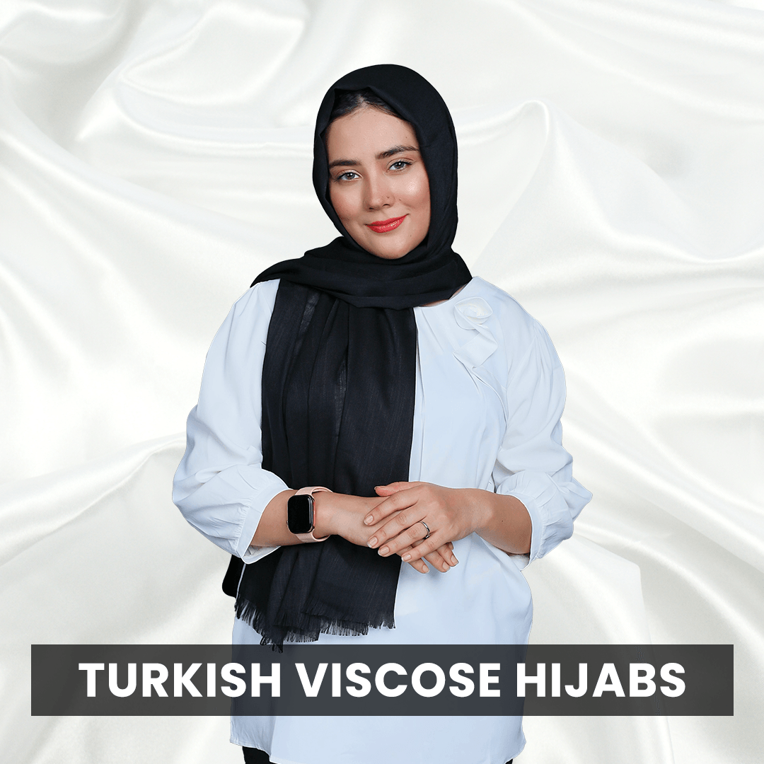 Girl wearing a Turkish Viscose Hijab, bottom banner TURKISH VISCOSE HIJABS