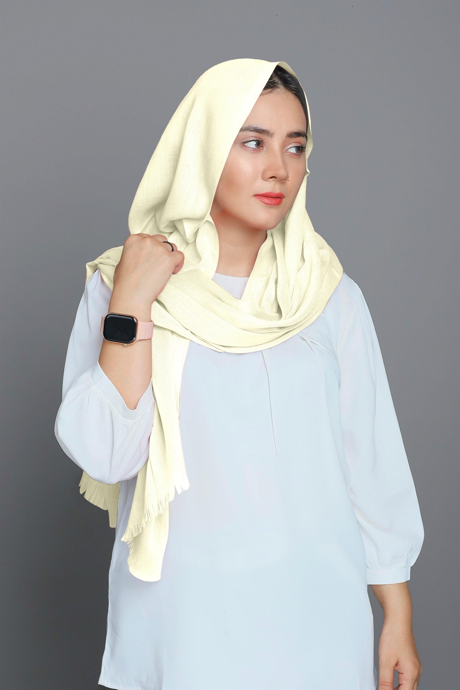 Fashion-forward girl adorned with a stylish Vanilla hijab, exemplifying grace and comfort with a non-slippery design.