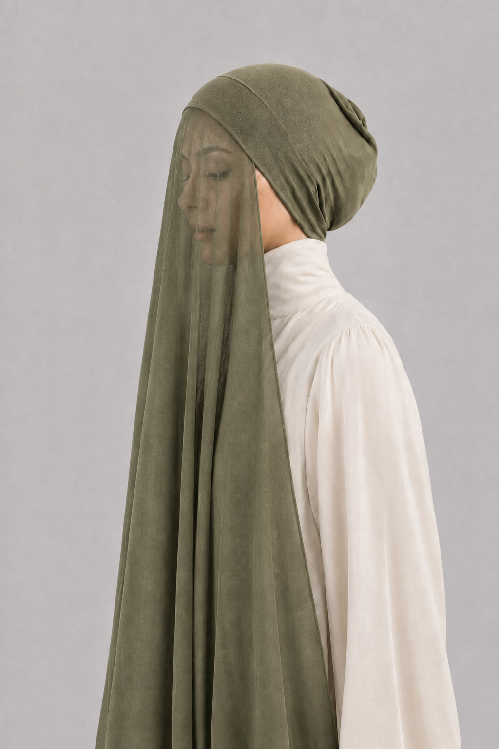 Georgette Instant Hijab With Cap In Olive Green