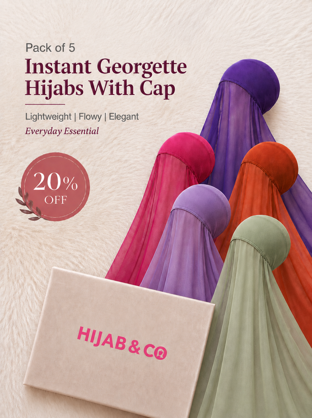 Pack of 5 Georgette Instant Hijabs With Cap