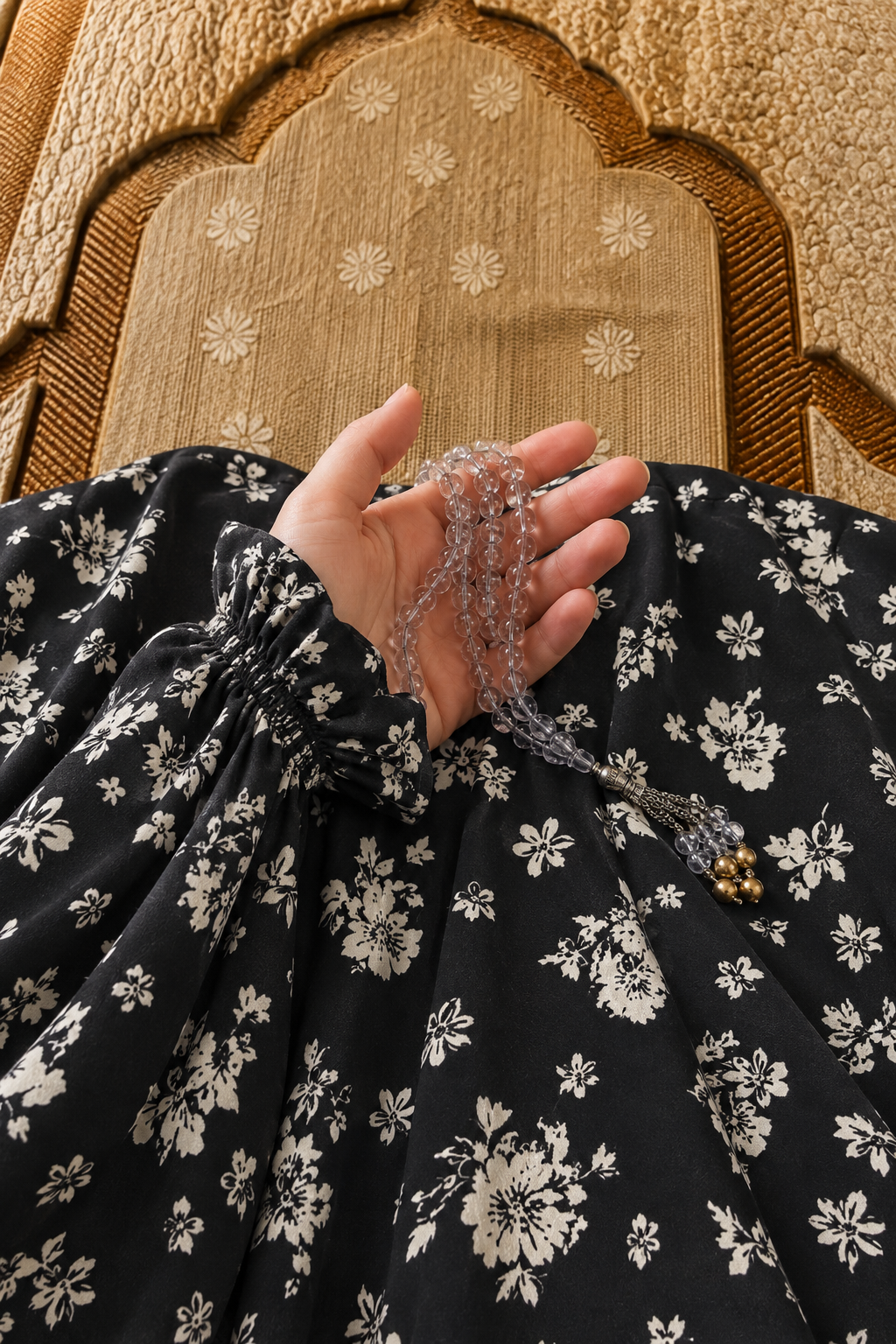 Black Namaz Chadar - Bouquet Print