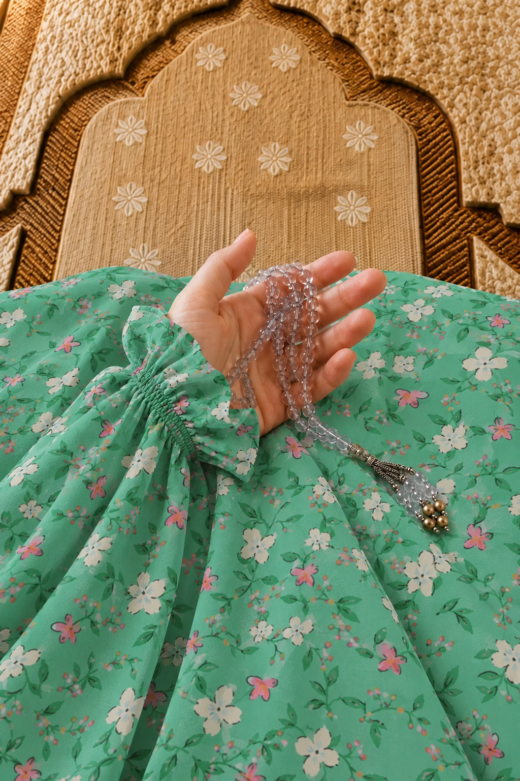 Green Namaz Chadar - Floral Print