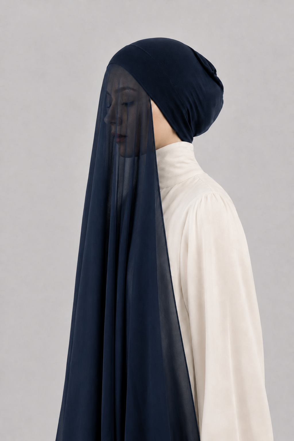 Georgette Instant Hijab With Cap In Navy Blue