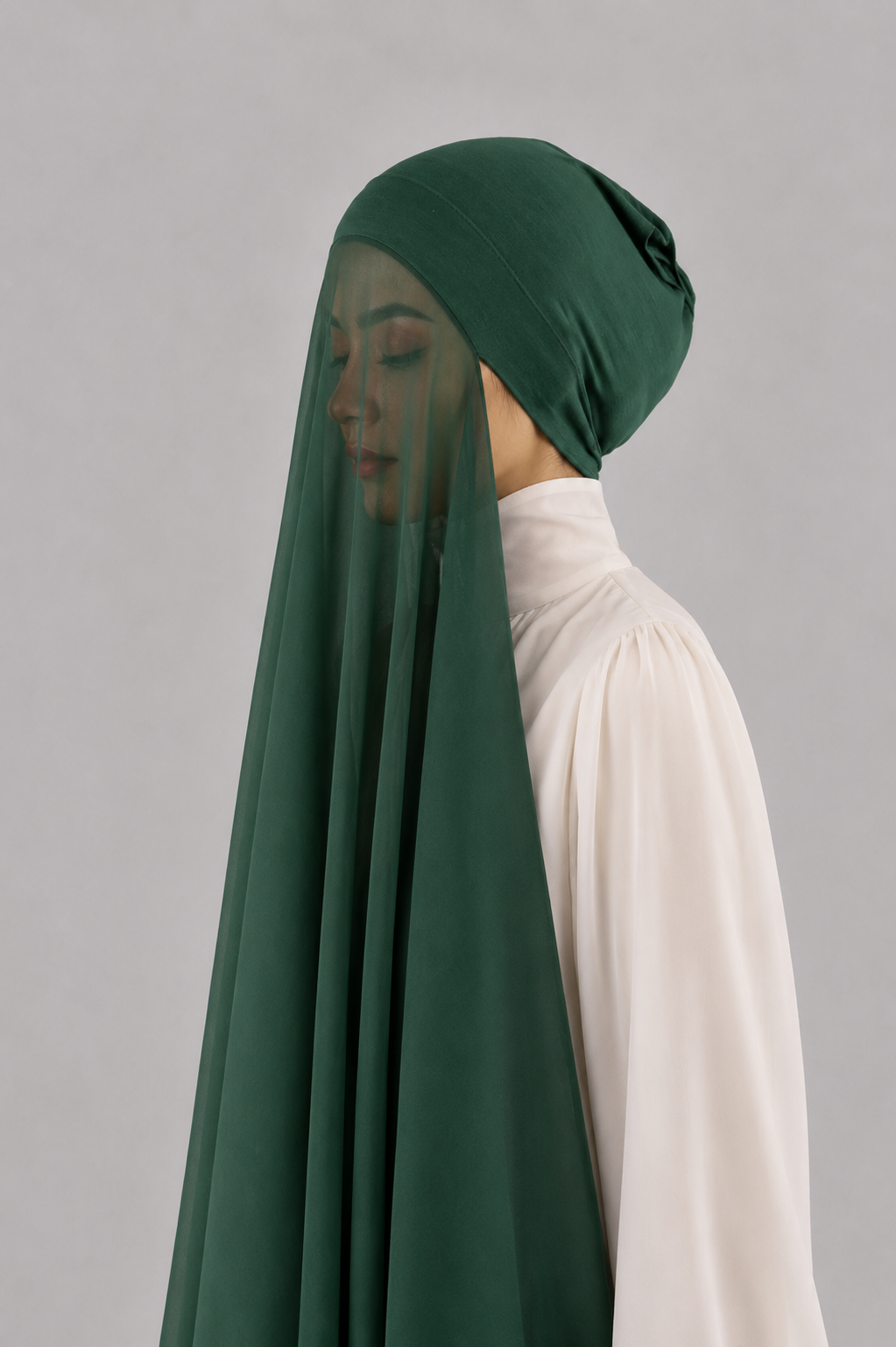 Georgette Instant Hijab With Cap In Dark Green