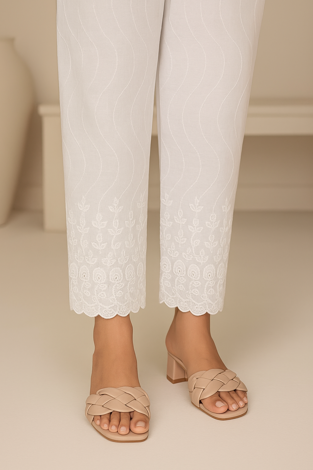 Stitched White Chicken Kari Trouser - Sun Flower