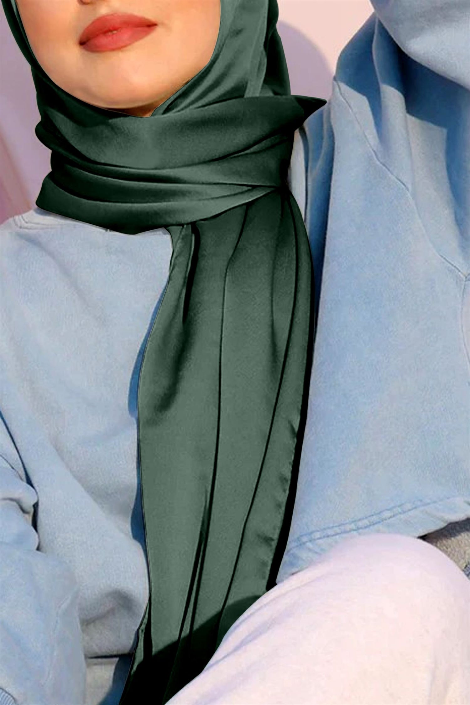 girl wearing satin silk hijab, green color. Offer Full Coverage. Pure Satin Silk.