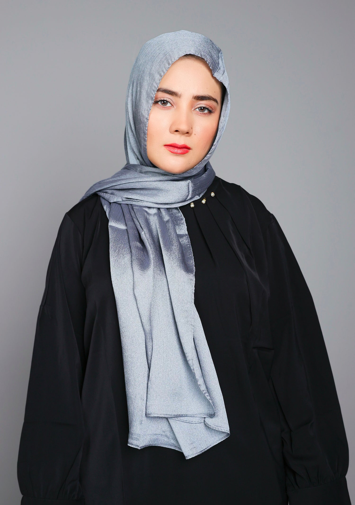 Metallic Chiffon Hijab in Silver. with a luxurious drape.