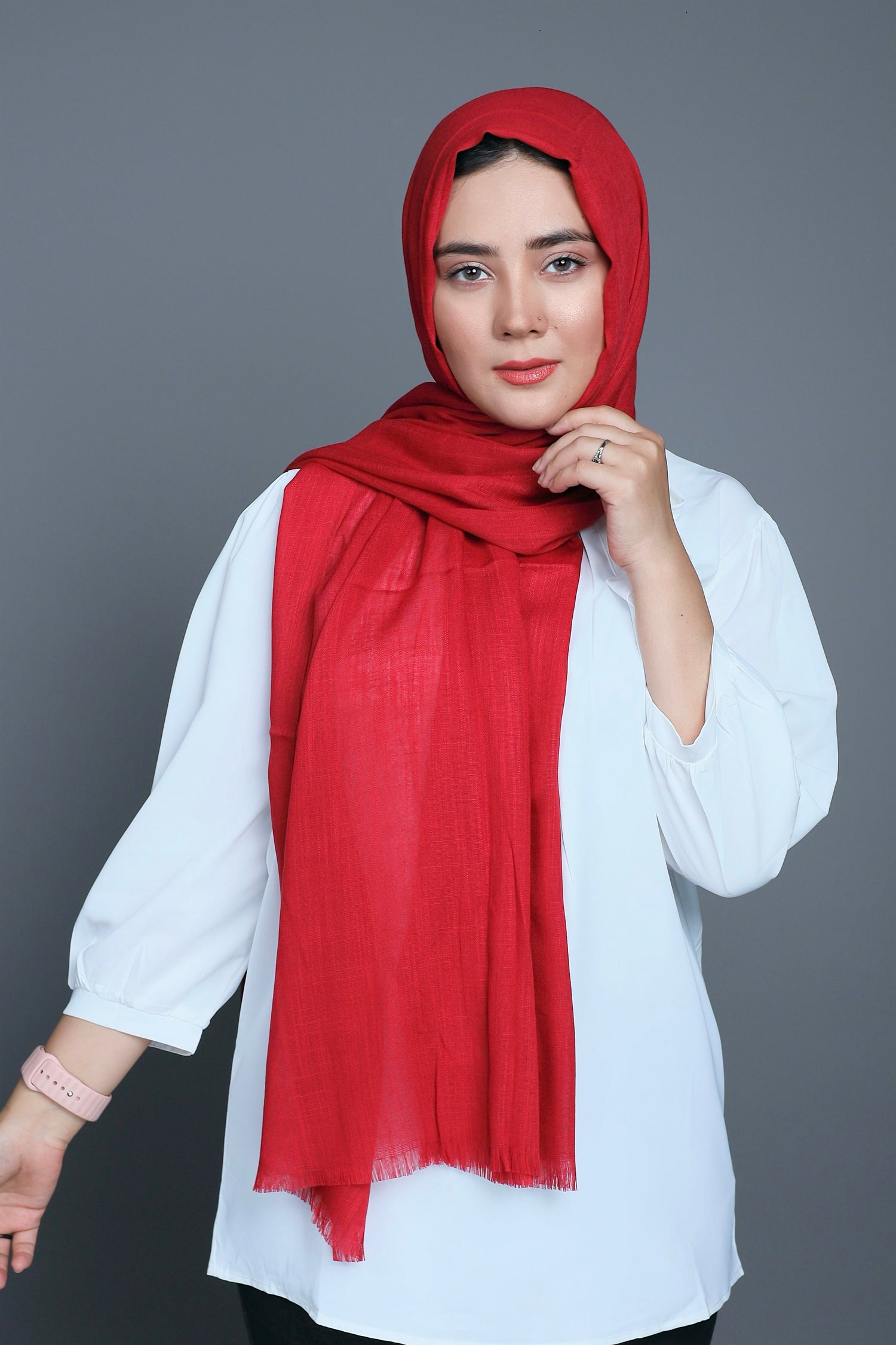 Model wearing Maroon Hijab, showcasing its non-slip design for secure all-day wear.