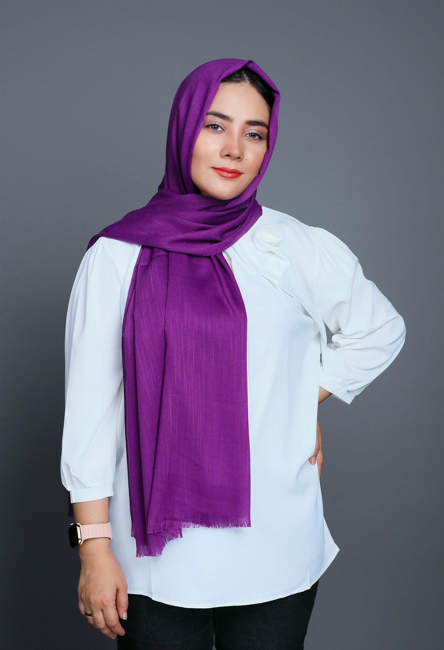 A woman wearing Royal Purple Turkish Viscose Hijab