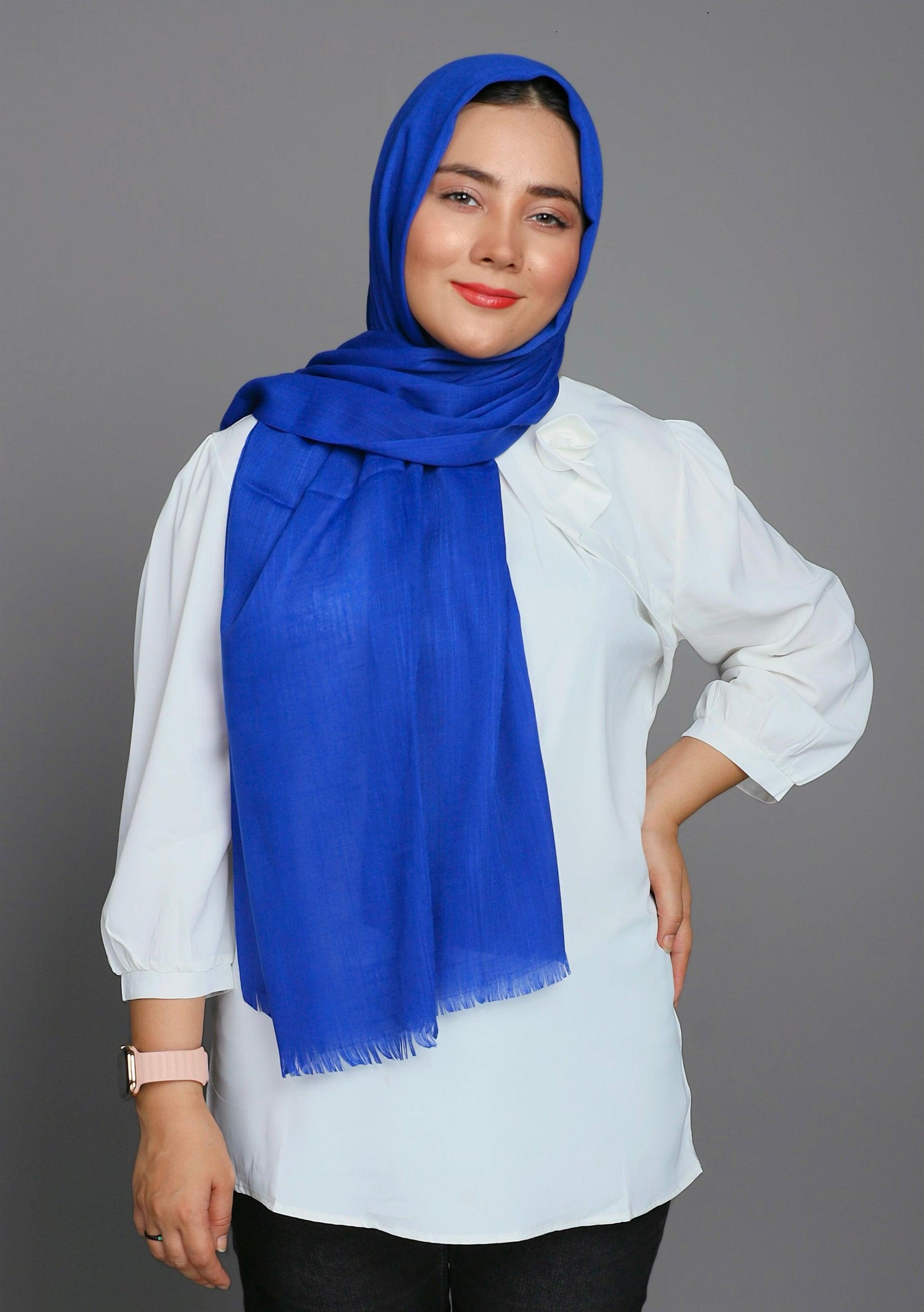 Lady in a stylish Ink Blue Turkish Viscose Hijab, perfect for any occasion.