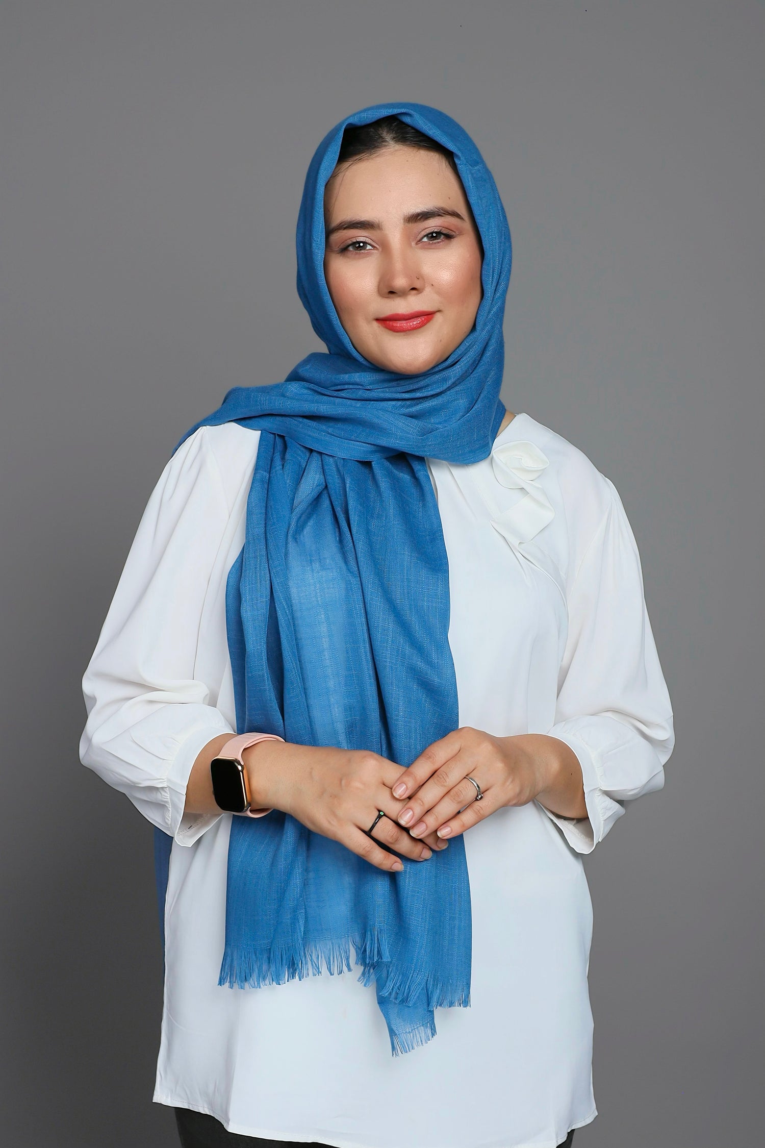 Close-up of a Lake Blue Viscose Hijab, emphasizing its lightweight and non-slippery features.