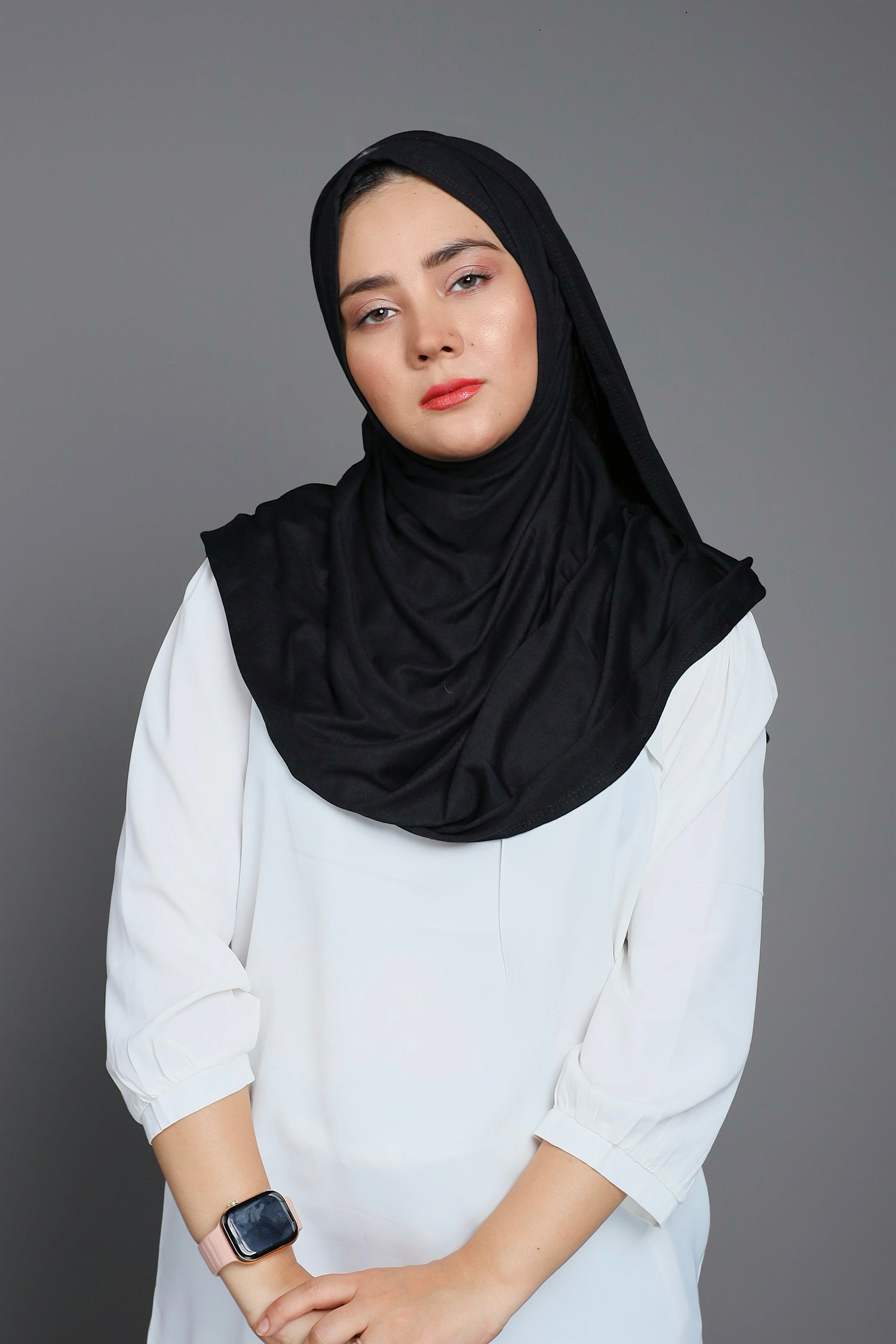 Girl wearing Jersey Hijab in Black, Looking front. Premium Quality Jersey Hijab.