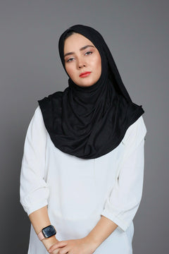 Girl wearing Jersey Hijab in Black, Looking front. Premium Quality Jersey Hijab.