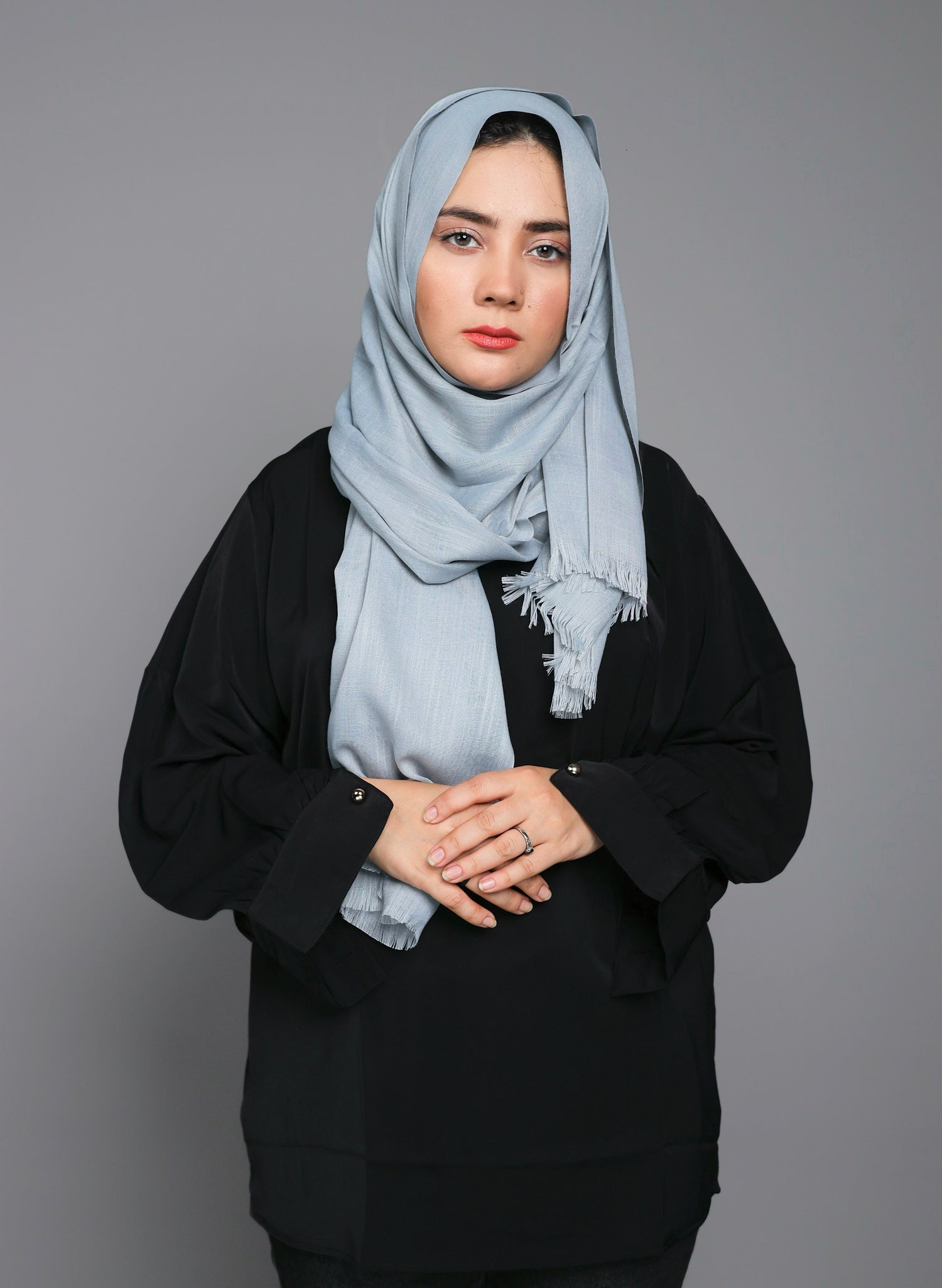 Model wearing Steel Grey Hijab, highlighting its non-slip design for secure all-day wear.