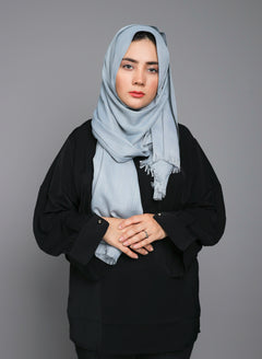 Model wearing Steel Grey Hijab, highlighting its non-slip design for secure all-day wear.