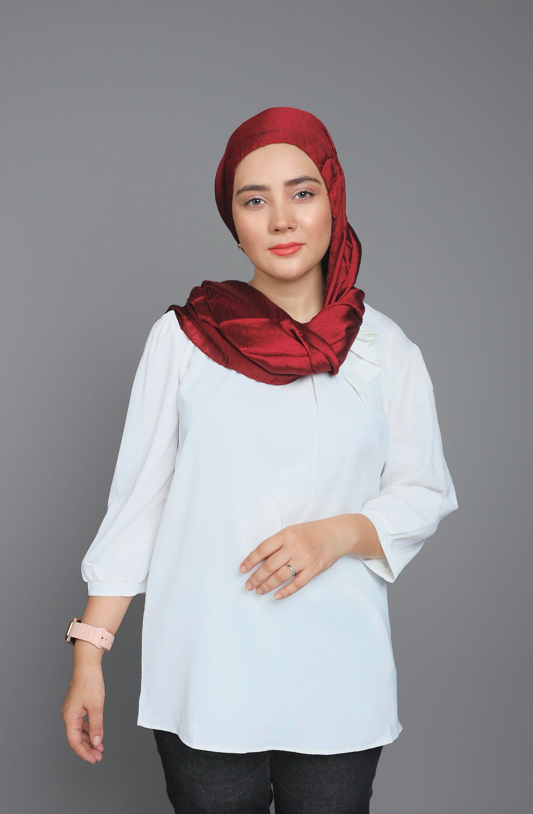 Metallic Chiffon Hijab in Maroon. woman draping in Luxurious chiffon wrap.