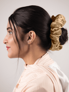 Girl wearing Silk Scrunchie in Cream. Hair Accessory.