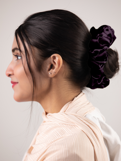 Dark Purple Silk Scrunchie. Girl wearing hair accessory.